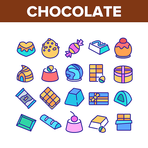 Chocolate Sweet Food Collection Icons Set Vector. Chocolate Candy And Cake, Pie With Cherry And Hazelnut Delicious Dessert Color Illustrations