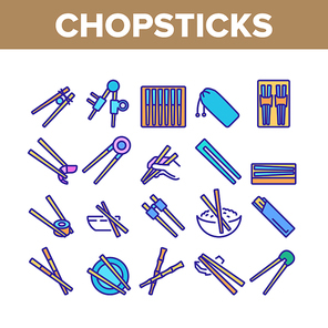 Chopstick Utensil Collection Icons Set Vector. Chopstick Bamboo Wooden Kitchenware For Eating In Oriental Restaurant Sushi And Rice Color Illustrations