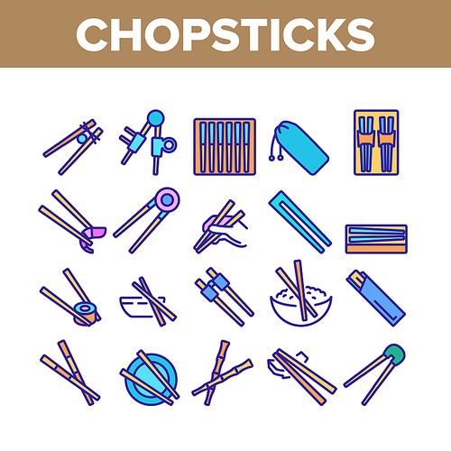 chopstick utensil collection icons set vector. chopstick bamboo wooden kitchenware for eating in oriental restaurant sushi and . color illustrations