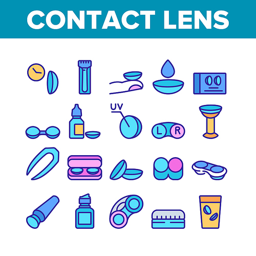 Contact Lens Accessory For Vision Icons Set Vector. Contact Lens Package And In Glass With Liquid, Bottle With Dropper And Medicine Color Illustrations