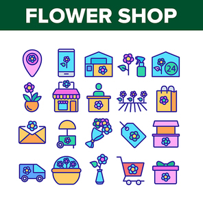 Flower Shop Boutique Collection Icons Set Vector. Flower Shop Delivery And Map Location, Bouquet And In Pot, Greenhouse And Garden Color Illustrations