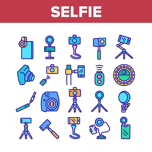 Selfie Photo Camera Collection Icons Set Vector. Selfie Stick And Tripod, Lens And Light Equipment, Remote Control Accessory For Photograph Color Illustrations