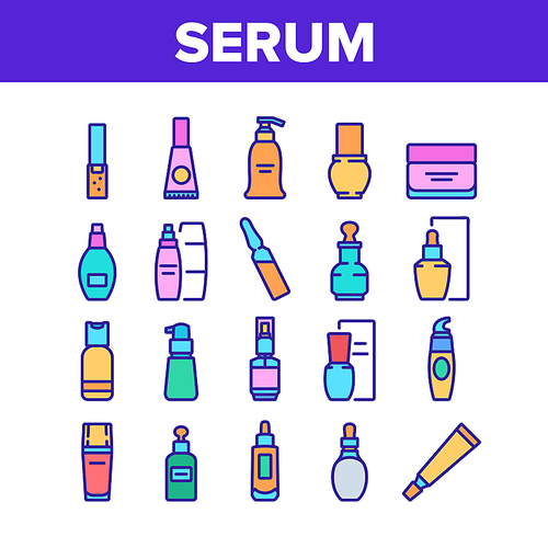 Serum Beauty Cosmetic Collection Icons Set Vector. Serum Skin Care Cream And Perfume, Face Gel And Lotion Package And Container Color Illustrations