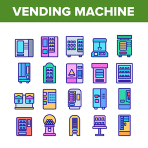 Vending Machine Selling Service Icons Set Vector. Vending Machine Technology With Food And Drink, Coffee And Tea, Bubbles Gum And Toys Color Illustrations