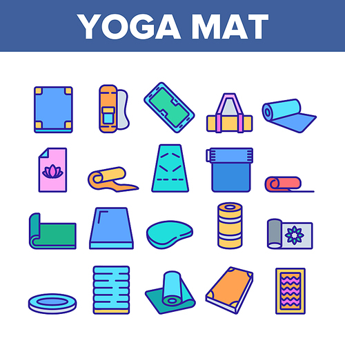 Yoga Mat Accessory Collection Icons Set Vector. Yoga Mattress For Sport Physical Exercising And Fitness, Rolled And With Handle Color Illustrations
