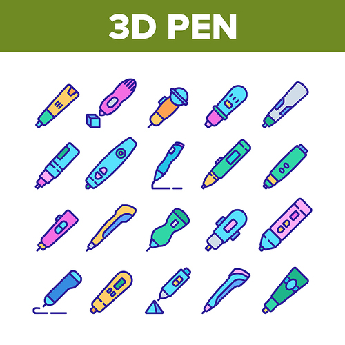 3d Pen Printing Gadget Collection Icons Set Vector. 3d Pen Engineering Electronic Stationery Device For Print Constructor Color Illustrations