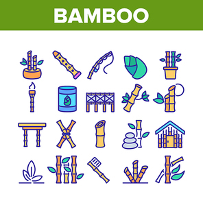 Bamboo Nature Plant Collection Icons Set Vector. Bamboo Material House And Bridge, Fishing Rod And Flute, Toothbrush And Table Color Illustrations
