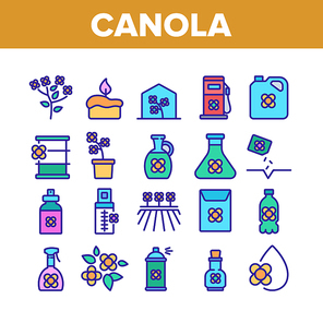 Canola Agricultural Collection Icons Set Vector. Canola Agriculture Flower Field And Pot, Oil And Spray, Greenhouse And Seeds Color Illustrations