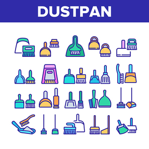 Dustpan And Brush Tool Collection Icons Set Vector. Dustpan And Broom For Cleaning Dust Equipment, Sweeping Housework Cleaner Color Illustrations
