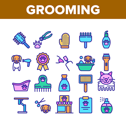 Grooming Animal Tool Collection Icons Set Vector. Equipment For Grooming Pet Claws And Wool, Washing And Drying Dog, Pet Shop And Hairbrush Color Illustrations