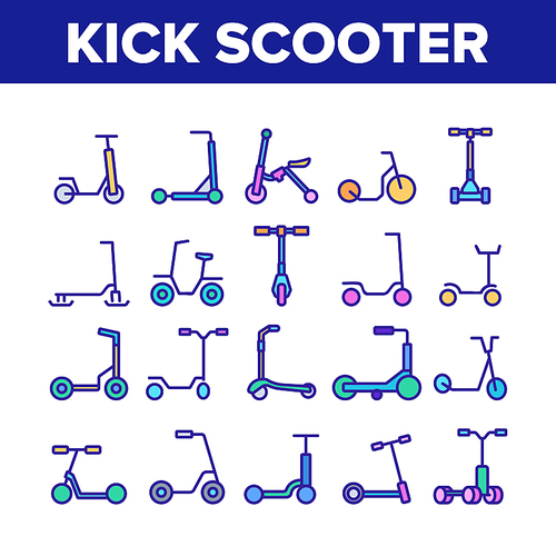 Kick Scooter Vehicle Collection Icons Set Vector. Kick Scooter In Different Style For Ride On Snow And Street, Electrical Urban Transport Color Illustrations