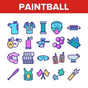 Paintball Game Tool Collection Icons Set Vector. Paintball Sport Equipment, Paint Ball Marker, Uniform, Mask, Chest Protection Color Illustrations
