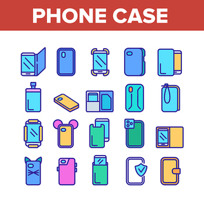 Phone Case Accessory Collection Icons Set Vector. Phone Protection Tool In Different Style, Glass Screen Protect And Waterproof Pouch Bag Color Illustrations