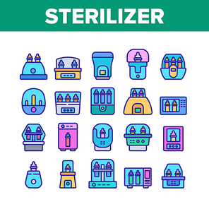 Sterilizer Device Collection Icons Set Vector. Sterilizer Electronic Equipment Milk Bottle For Cleaning, Steaming And Disinfection Color Illustrations