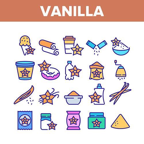 Vanilla Flower Spice Collection Icons Set Vector. Vanilla Stick Spicy Ingredient For Ice Cream And Coffee, Donut And Drink, Bottle And Bag Color Illustrations
