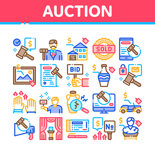Auction Buying And Selling Goods Icons Set Vector. Internet Auction And Application, Hammer And Car, Agreement And Bid, House And Picture Concept Linear Pictograms. Color Illustrations