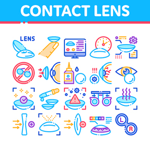 Contact Lens Accessory Collection Icons Set Vector. Contact Lens On Finger, Eyedropper With Liquid, Eye Tool Information On Computer Screen Concept Linear Pictograms. Color Illustrations