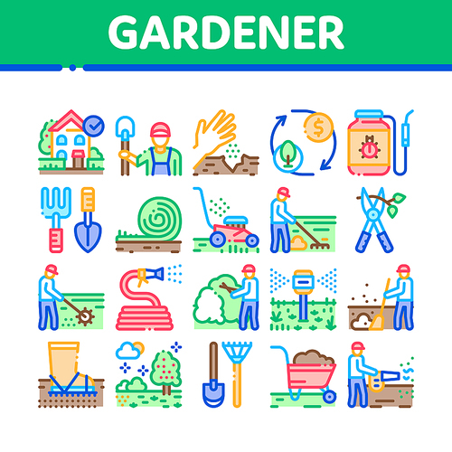 Gardener Worker Instrument Icons Set Vector. Gardener Shovel And Rake, lawn mower and Watering Hose, Pruner And Trolley Farmer Tool Concept Linear Pictograms. Color Illustrations