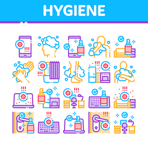 Hygiene And Healthcare Collection Icons Set Vector. Cleaning Mobile Phone And Handle Sanitized Antiseptic, Wash Hand, Head And Body Hygiene Concept Linear Pictograms. Color Illustrations