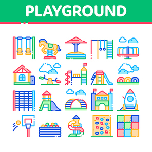 Playground Children Collection Icons Set Vector. Basketball And Climbing Wall, Seesaw And Swing In Horse Form Playground Attraction Concept Linear Pictograms. Color Illustrations