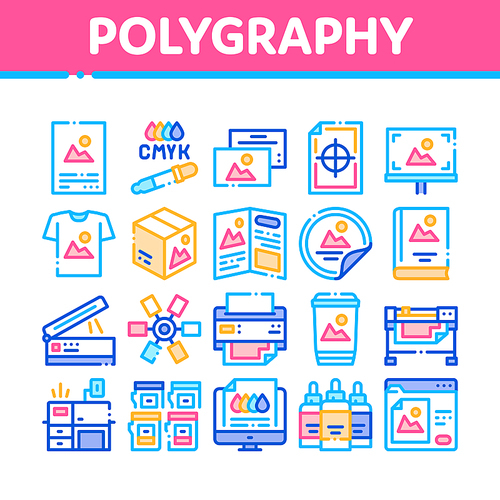 Polygraphy Printing Service Icons Set Vector. Polygraphy And Scanner Equipment And ink, Paper List With Picture And Cup Concept Linear Pictograms. Color Illustrations