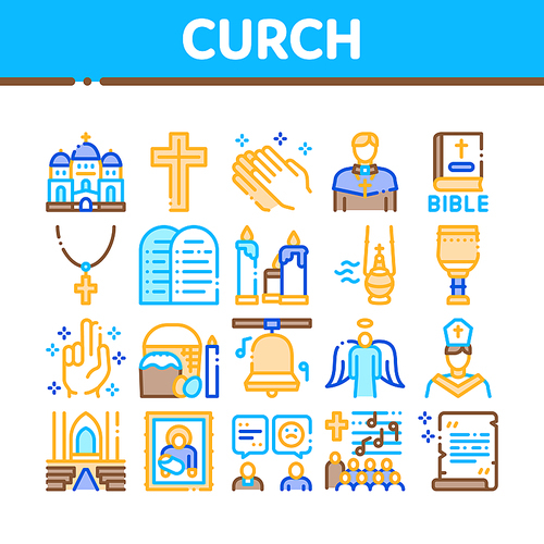 Church Christianity Collection Icons Set Vector. Church Building And Interior, Christian Religion Bible And Cross, Candles And Bell Concept Linear Pictograms. Color Illustrations