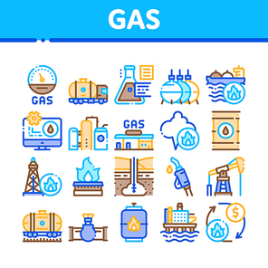 Gas Fuel Industry Collection Icons Set Vector. Gas Truck Cargo Delivery And Carriage Transportation, Station And Derrick, Flame And Barrel Concept Linear Pictograms. Color Illustrations