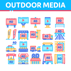 Outdoor Media Advertising Promo Icons Set Vector. Advertising Billboard And Tablet, Poster And Banner, Advertise On Car And Building Concept Linear Pictograms. Color Illustrations