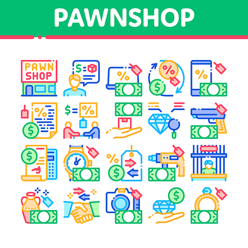 Pawnshop Exchange Collection Icons Set Vector. Pawnshop Building And Handshake, Laptop And Phone, Photo Camera And Jewelry Stone Concept Linear Pictograms. Color Illustrations