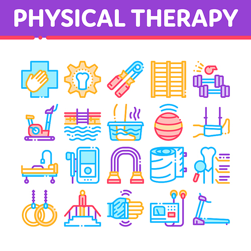 Physical Therapy And Recovery Icons Set Vector. Treadmill And Exercise Bike, Dumbbells And Ball Equipment For Physical Therapy Concept Linear Pictograms. Color Illustrations