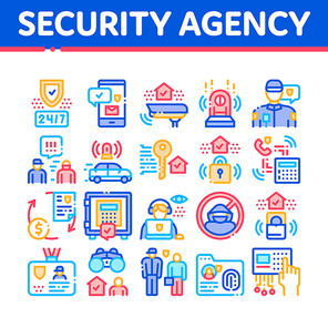 Security Agency Property Protect Icons Set Vector. Security Agency Service Video Monitoring Cctv And Car With Alarm Signal, Safe And Badge Concept Linear Pictograms. Color Illustrations