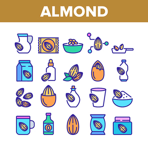 Almond Natural Food Collection Icons Set Vector. Almond Milk Package And Bottle Drink, Delicious Nut Organic Ingredient And Oil Color Illustrations