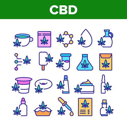 Cbd Cannabis Product Collection Icons Set Vector. Cannabis Drink And Ice Cream, Cake And Pie, Capsule And Flask, Liquid Drop And Bottle Color Illustrations