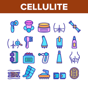 Cellulite Combat Tool Collection Icons Set Vector. Anti-cellulite Cream Cosmetic And Massager Equipment, Cellulite And Fat Research Body Color Illustrations
