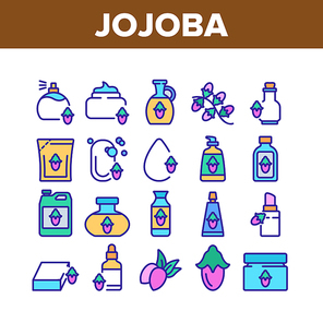 Jojoba Natural Product Collection Icons Set Vector. Jojoba Perfume And Cream, Soap And Oil, Cosmetic Package And Bottle, Drop And Pomade Color Illustrations