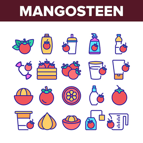 Mangosteen Sweet Fruit Collection Icons Set Vector. Mangosteen Juice And Candy, Tea And Cream Tube, Spray And Package, Juicer And Cup Color Illustrations