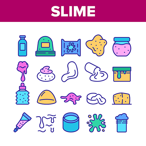 Slime Mucus Liquid Collection Icons Set Vector. Slime In Bottle And Container, Tube And Package, Dripping And Splash, Slimy Blob Color Illustrations