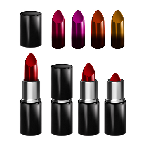 Lipstick Make-up Lips Paint Accessory Set Vector. Collection Of Different Color Lipstick, Fashionable Visage Cosmetology Product. Personal Face Style Template Realistic 3d Illustrations