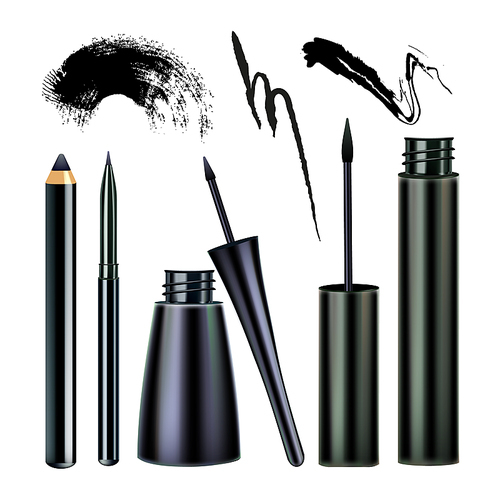 eyeliner and paint stroke visage tool set vector. collection of eyeliner 펜슬, eyeshadow marker bottles and lines facial cosmetics, cosmetology visage accessories. layout realistic 3d illustrations
