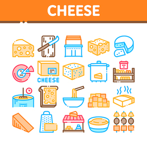 Cheese Dairy Food Collection Icons Set Vector. Cheese On Sliced Bread Sandwich Breakfast And Milky Product Piece, Grater And Cut Board Concept Linear Pictograms. Color Illustrations