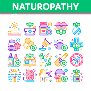Traditional Naturopathy Medicine Icons Set Vector. Naturopathy Alternative Therapy With Honey And Herb, Music And Mushrooms Concept Linear Pictograms. Color Illustrations