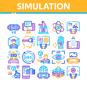 Simulation Equipment Collection Icons Set Vector. Virtual Reality Vr Glasses And Simulation Device, 360 Degree View And Rotation Arrows Concept Linear Pictograms. Color Illustrations