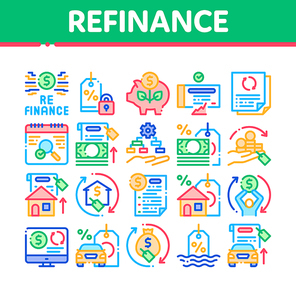 Refinance Financial Collection Icons Set Vector. Mortgage And Credit Car, Debt Obligation And Property, Money Cash And Percent Refinance Concept Linear Pictograms. Color Illustrations