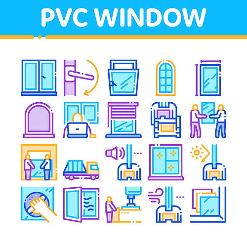 Pvc Window Frames Collection Icons Set Vector. Pvc Window Architectural Glass Building Detail And Handle, Carrying Truck And Jalousie Concept Linear Pictograms. Color Illustrations