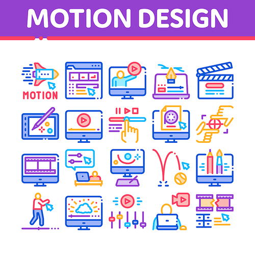 Motion Design Studio Collection Icons Set Vector. Movie Motion Redactor Programme On Computer Screen And Video Player, Filmstrip And Clipboard Linear Pictograms. Color Illustrations
