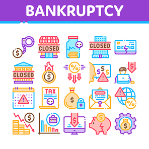 Bankruptcy Business Collection Icons Set Vector. Bankruptcy Shop And Company, Closed Office And Store, Tax And Crisis, Broken Card And Piggy Concept Linear Pictograms. Color Illustrations