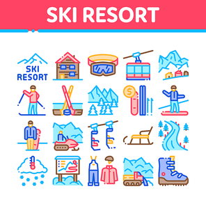 Ski Resort Vacation Collection Icons Set Vector. Ski Snow Track And Shoe, Protective Glasses And Sled, Chairlift Cableway And Cabin Concept Linear Pictograms. Color Illustrations