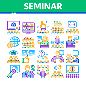 Seminar Conference Collection Icons Set Vector. Seminar In Meeting Room, Online Communication And Presentation, Speaker And Lector Concept Linear Pictograms. Color Illustrations
