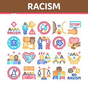 Racism Discrimination Collection Icons Set Vector. Stop Racism Nameplate And Label, Scale And Loudspeaker, Pigeon And Handshake Concept Linear Pictograms. Color Illustrations