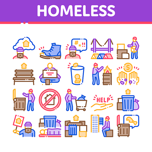 Homeless Beggar People Collection Icons Set Vector. Homelessness And Shoe, Living On Streets Poor Human, Trash And Abandon Concept Linear Pictograms. Color Illustrations